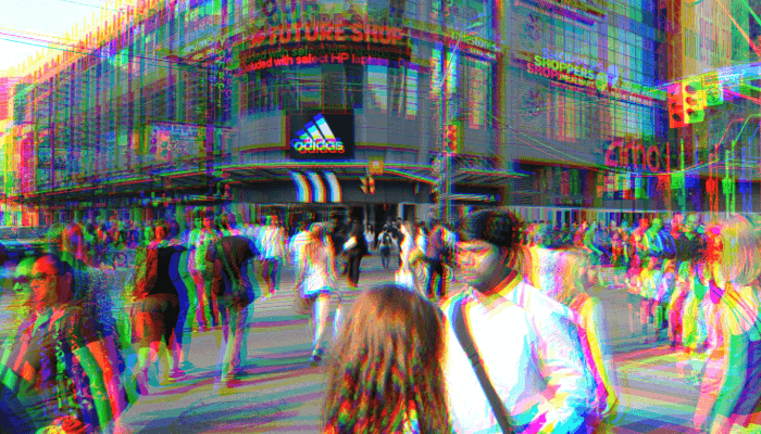 A screenshot of a video of a city crosswalk, with offset colors.