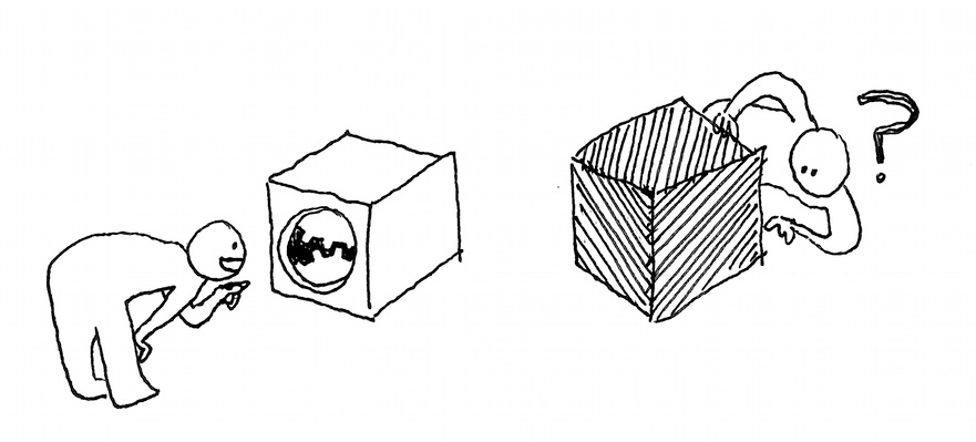 A black-and-white two-panel comic strip. In the first panel, two people examine the inner workings of two boxes. In the second panel, one person snips the string connecting one box to two others.