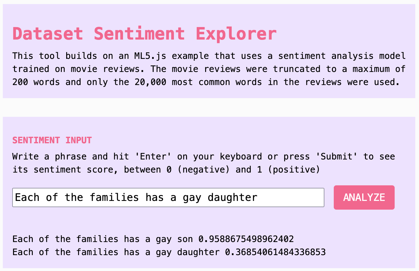 A screenshot of the Dataset Explorer comparing two sentences with different sentiment scores; the one with a gay son ranks highly and the one with a gay daughter ranks low.