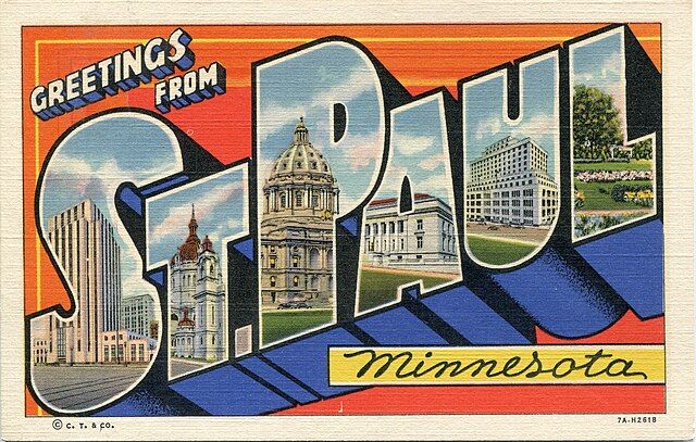 Postcard with "Greetings from St. Paul, Minnesota" in big letters with local buildings inside them.