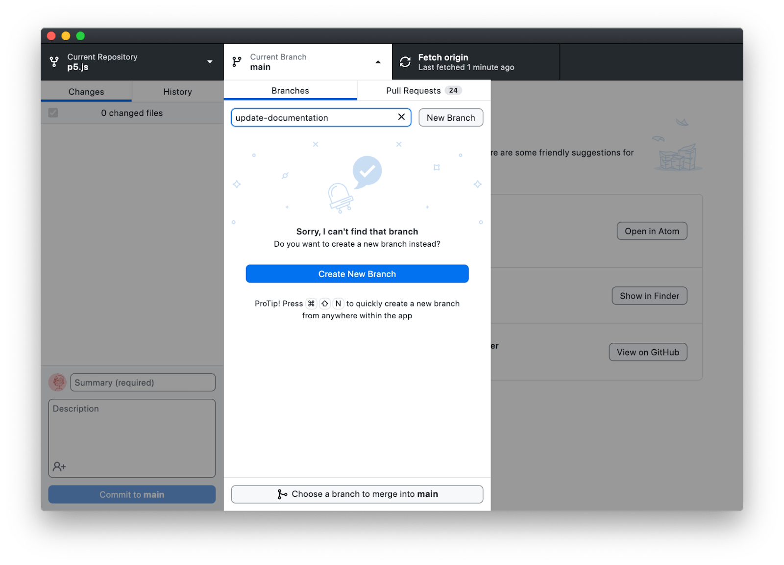 A screenshot of the GitHub Desktop branch selection menu. After entering a new branch name that does not yet exist, a "Create New Branch" button appears.