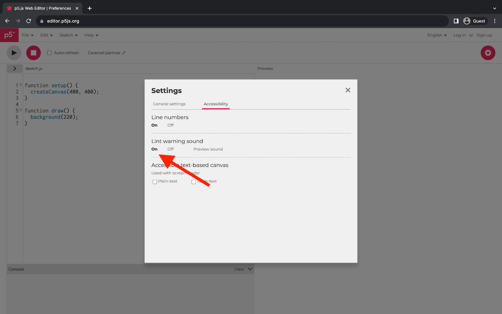 A web browser displaying the p5.js Web Editor. A square menu in the middle of the page displays accessibility settings. A red arrow points to the ‘Lint warning sound’ section of the menu. The ‘On’ option is selected and displayed in boldface.