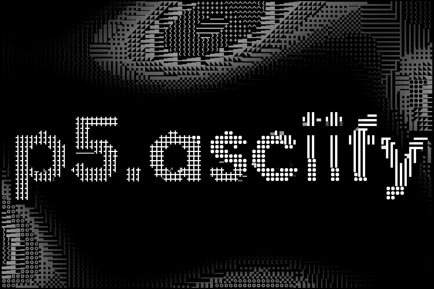 A grid of ASCII characters representing perlin noise with a centered logo reading "p5.asciify".