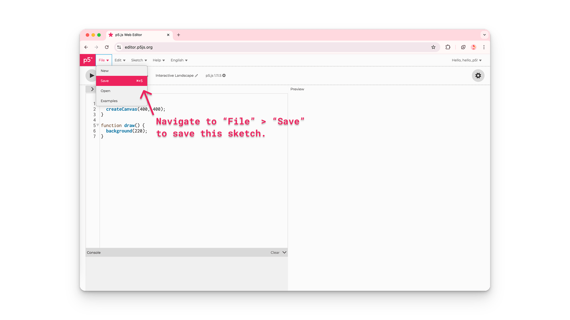 A user on the p5.js Web Editor saves their new project "Interactive Landscape".