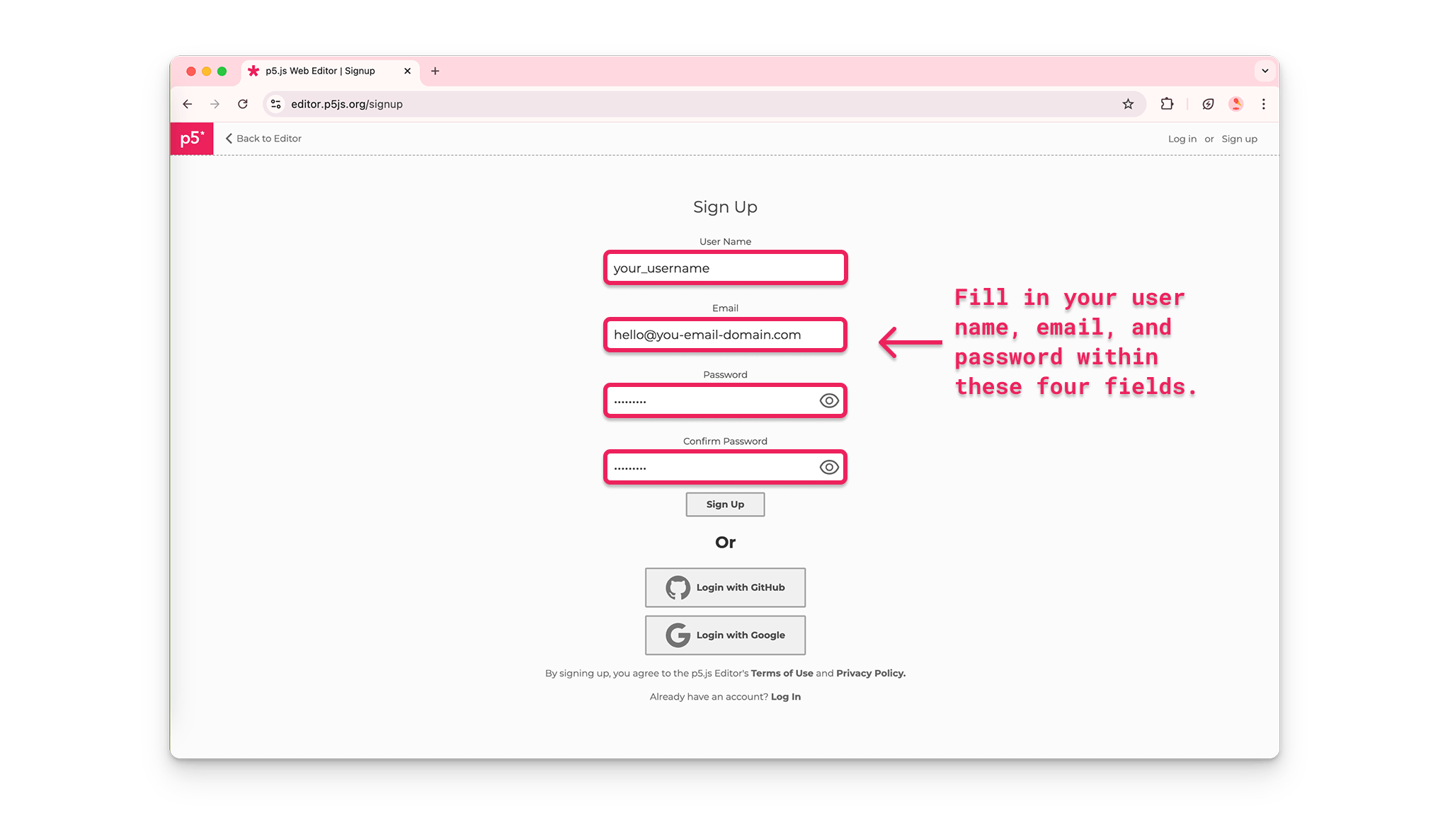 An arrow pointing to the highlighted fields on the Sign Up page, as described above.