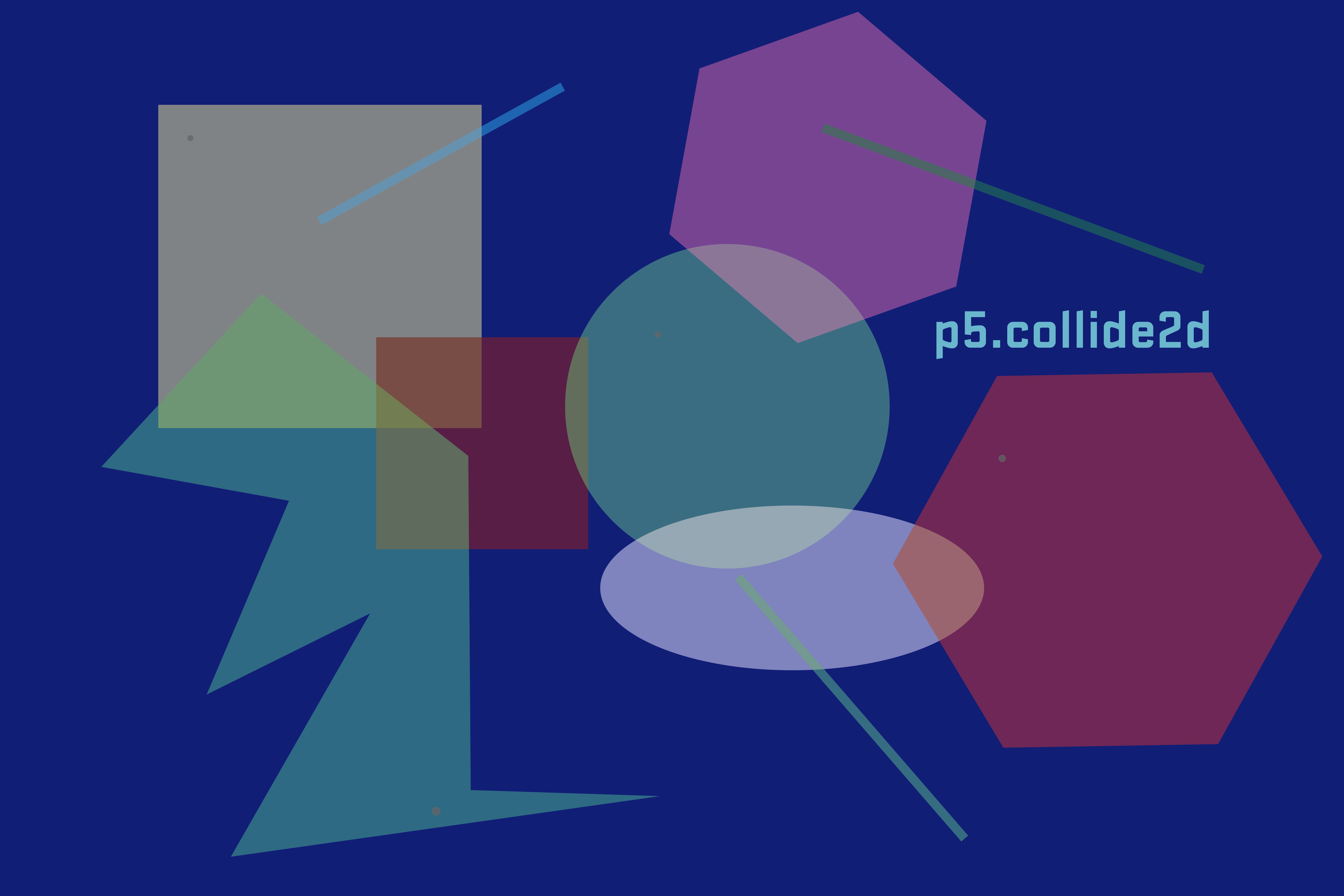 Various colored shaped overlapping and colliding representing the functions of the p5.collide2d library