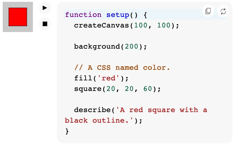 Screenshot of the p5.js reference page of the "fill()" function, showing only one code example section.
