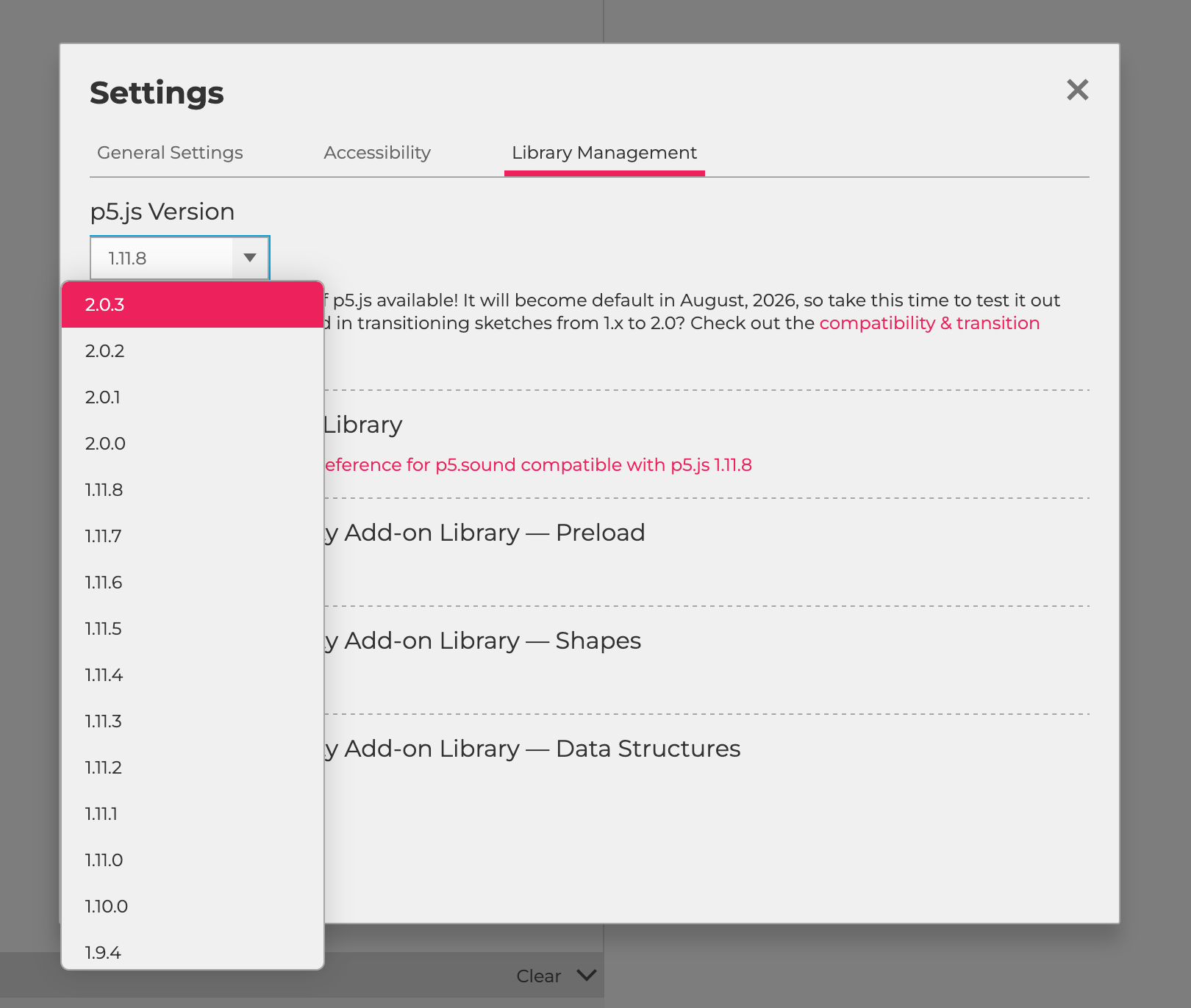 Screenshot of the p5.js Web Editor version picker showing a list of versions. The latest is selected